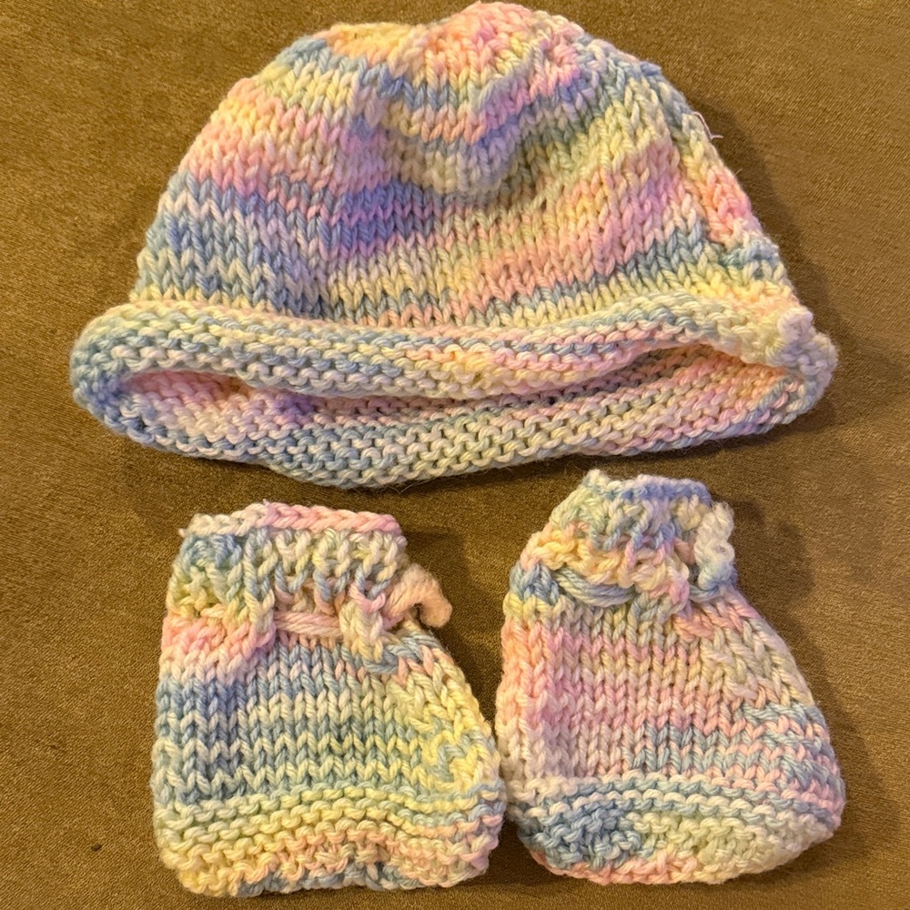 Handmade Pastel Multicolor Baby Hat and Bootie Set